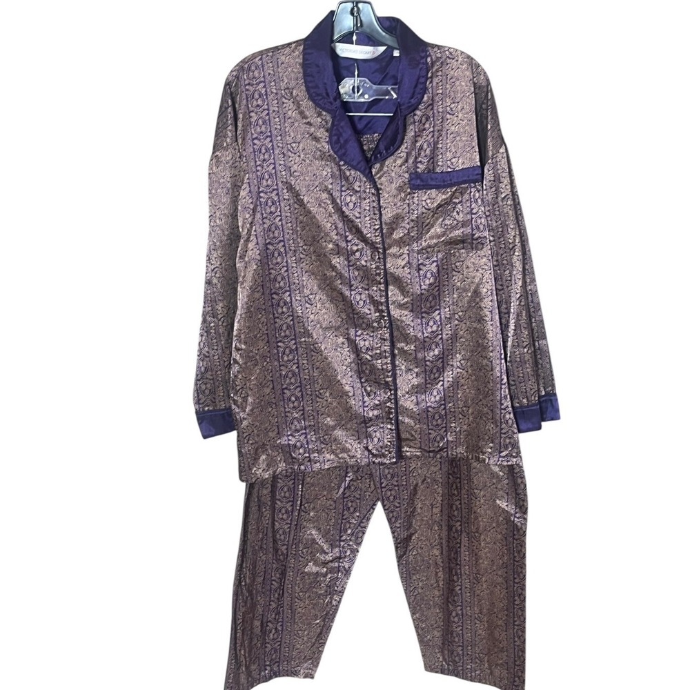 Victoria's Secret Purple Gold Paisley Pajama Set Large Vintage Style Button Up